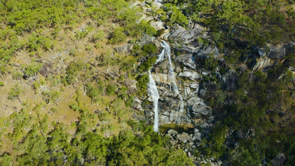 Aerial, A Waterfall In The Middle Of Rain Forest At Davies Creek In Queensland, Australia