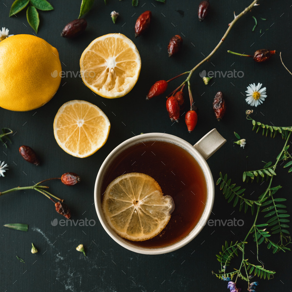Rosehip herbal tea flt lay top view - Stock Photo - Images