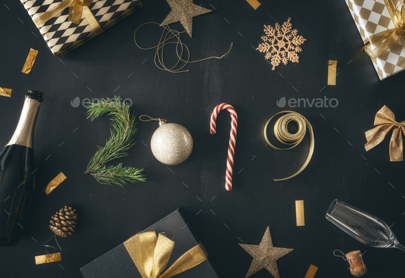 Baubles and gifts on black desk - Stock Photo - Images