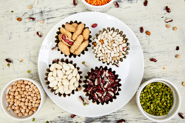 Bowls of various Collection set of beans and legumes - Stock Photo - Images