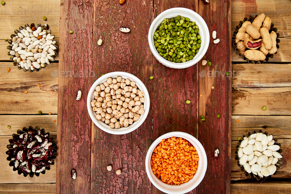 Collection set of beans and legumes. Bowls of various lentils - Stock Photo - Images