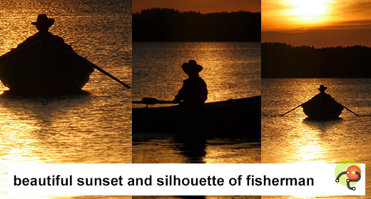 Yellow sunset and silhouette of fisherman on rowing boat