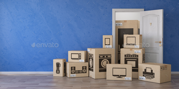 Household kitchen appliances and home electronics in cardboard b