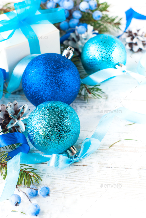 Christmas blue decorations on white. Christmas background Stock ...