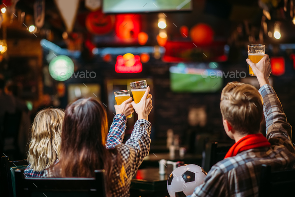 Group of football fans watching match in sport bar