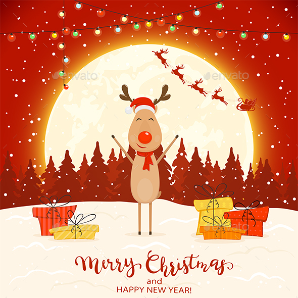 Deer on Red Winter Background with Gifts and Christmas Lights - Christmas Seasons/Holidays