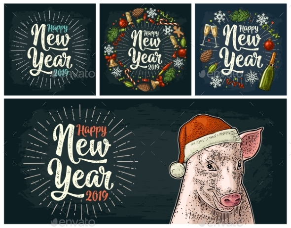 Pig Head in Santa Claus Hat Vector Color Vintage - New Year Seasons/Holidays