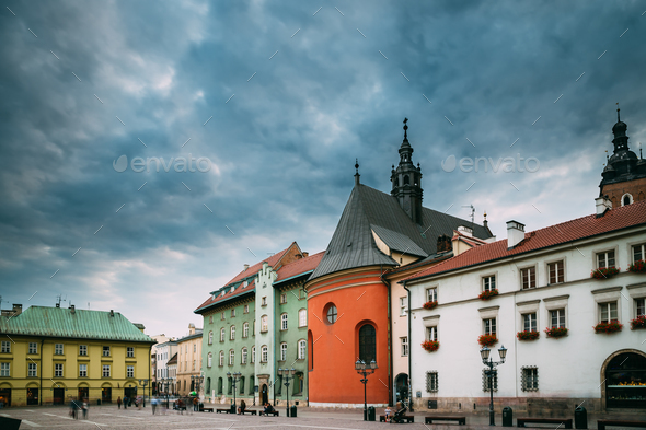 Krakow, Poland. Church Of St. Barbara On Small Market Square In - Stock Photo - Images