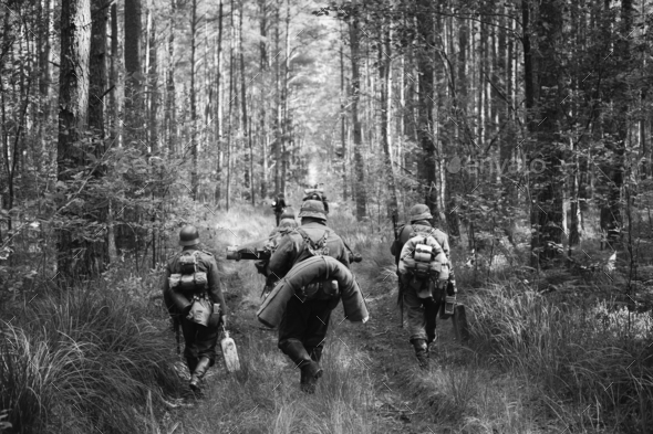 German Infantry Soldiers In World War II Marching Walking Along - Stock Photo - Images