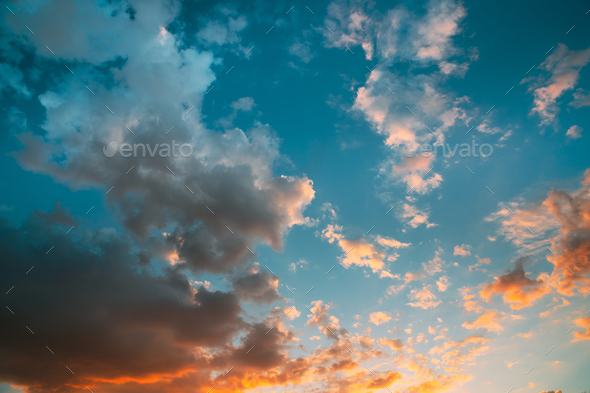 Sunset Sunrise Sky Background. Bright Dramatic Sky In Yellow, Or Stock  Photo by Grigory_bruev