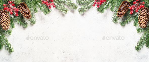 Christmas flatlay background with fir tree brunch and red decora - Stock Photo - Images