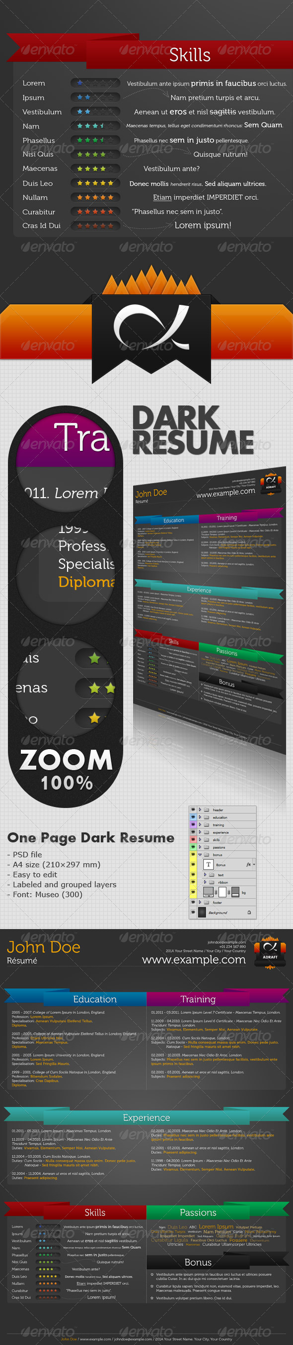 One Page Dark Resume - Resumes Stationery