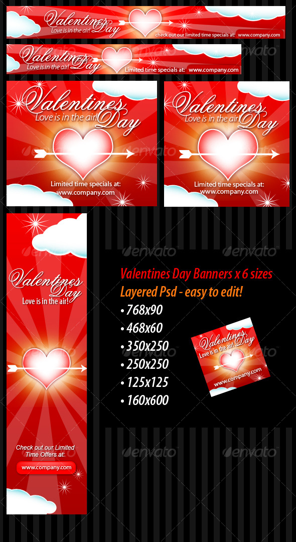 Valentines Day Banners - 6 sizes - Layered PSD - Web Elements