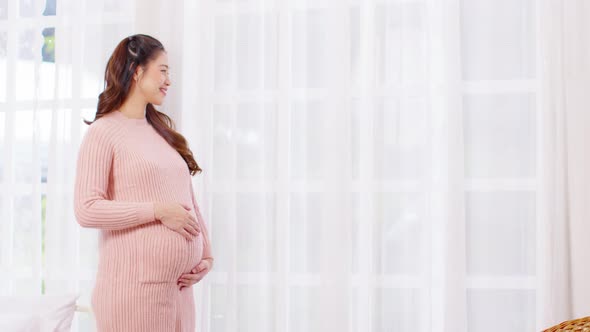 Happy Pregnant Woman standing in front of windows and stroking her big belly with love at cozy home alt