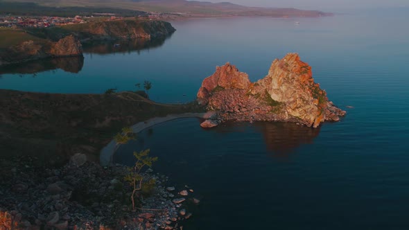 Shamanka Aerial Shot with Quadrocopter Lake Baikal, Summer Dawn alt
