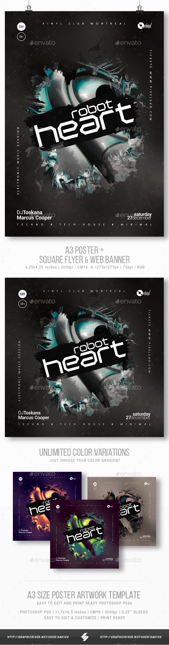 Robot Heart Progressive Party Flyer Poster Template A3 By Sao108