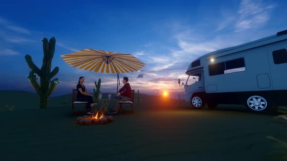 Camper Recreational Vehicles At Sunset In Desert