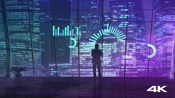 The Silhouette Of A Businessman Analyzes Data Using New Technologies 4K alt