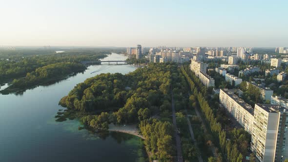 Aerial Drone Footage of Rusanivka District in Kiev at Sunset Ukraine