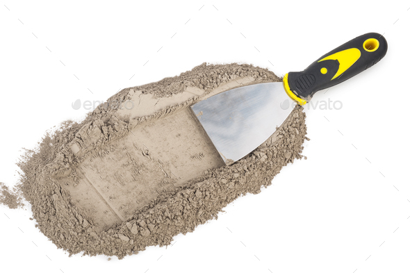 Gray cement powder with trowel