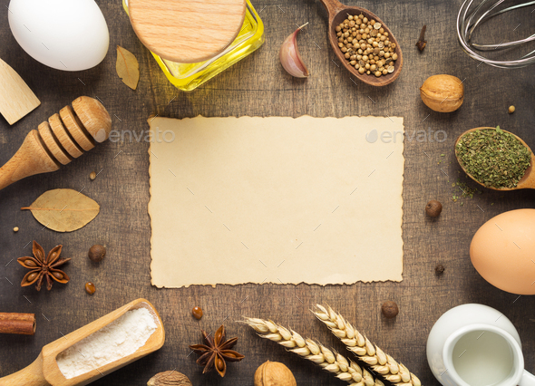 bakery ingredients on wooden background