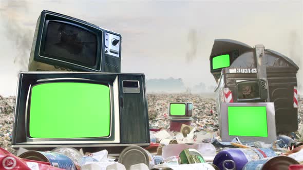 Retro TVs with Green Screens on Garbage. 4K Version.