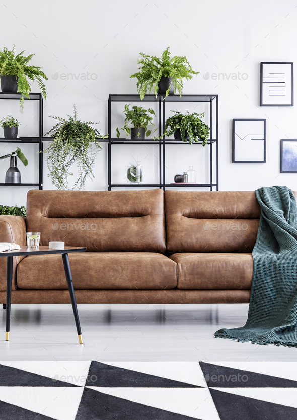 Vertical view of modern coffee house interior with leather sette - Stock Photo - Images
