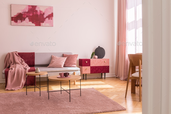 Poster Above Grey Sofa With Pillows In Bright Living Room Interi