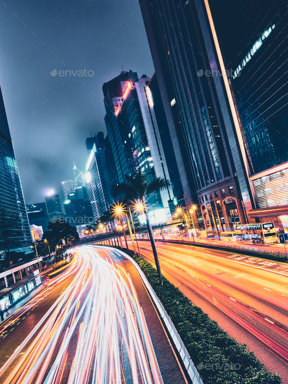 Street traffic in Hong Kong at night - Stock Photo - Images