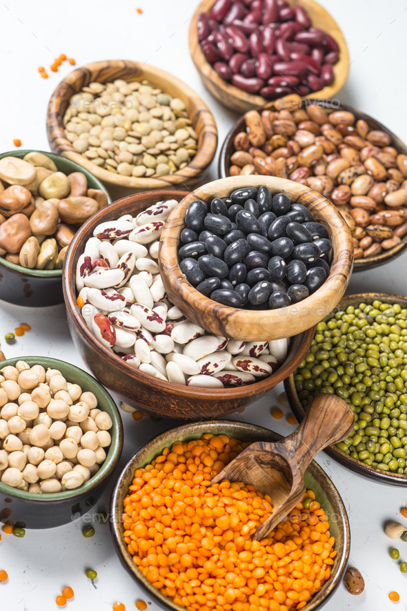 Legumes, lentils, chikpea and beans assortment on white. Stock Photo by ...