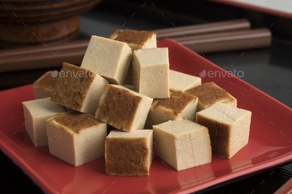 Cubes of smoked tofu
