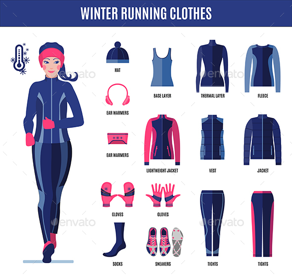 Winter Running Clothes Set for Woman in Flat Style, Vectors