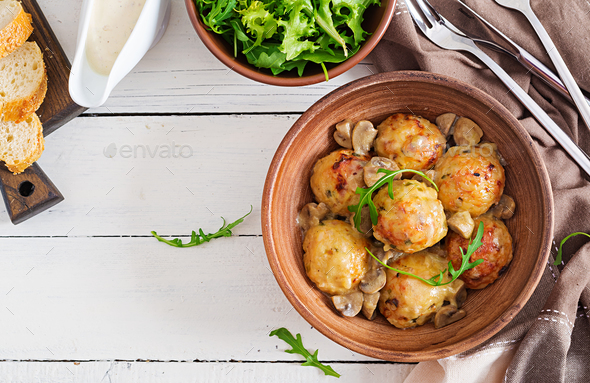 Delicious homemade meatballs with mushroom cream sauce. Swedish cuisine. Top view.