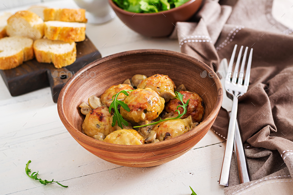 Delicious homemade meatballs with mushroom cream sauce. Swedish cuisine.