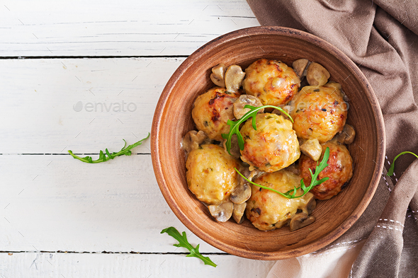 Delicious homemade meatballs with mushroom cream sauce. Swedish cuisine. Top view.