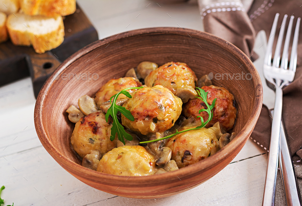 Delicious homemade meatballs with mushroom cream sauce. Swedish cuisine.