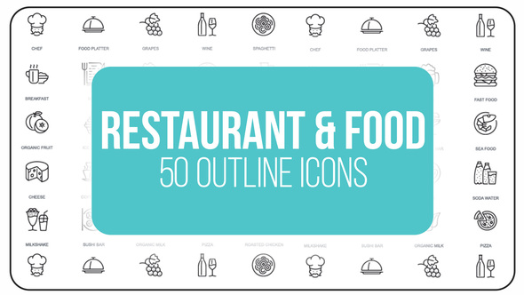 Restaurant and Sport - 50 Thin Line Icons Video Displays template preview