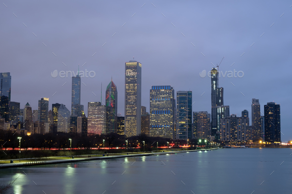 Evening Scenery Of Chicago Downtown Skyline Chicago Illinois Usa Stock Photo By Kenishirotie