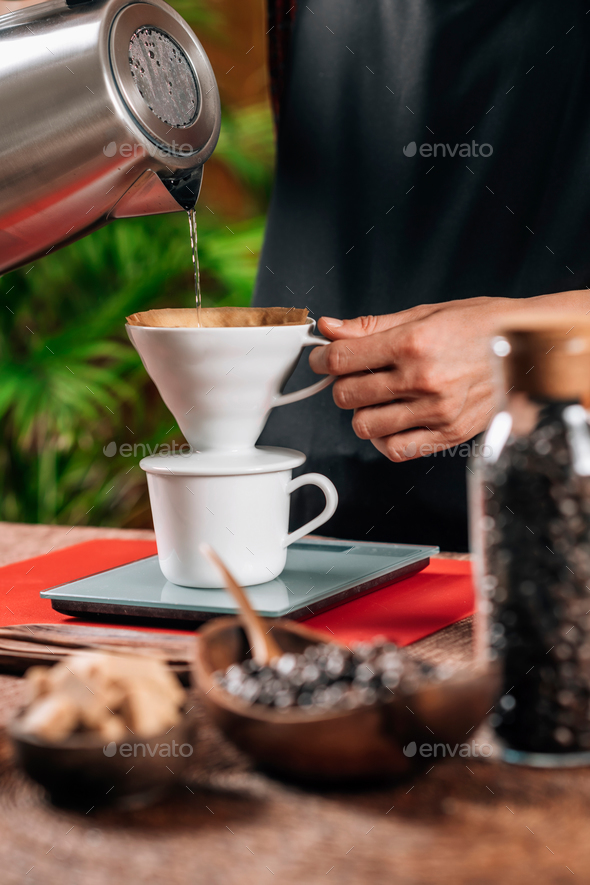 Drip Coffee Making Barista Pouring Boiling Water From Kettle In Stock Photo By Microgen