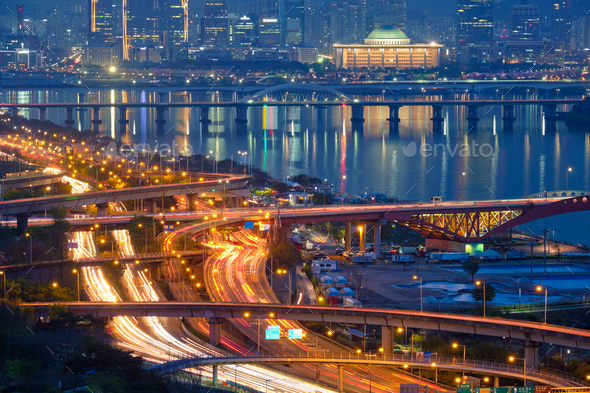 Seoul cityscape in twilight, South Korea - Stock Photo - Images
