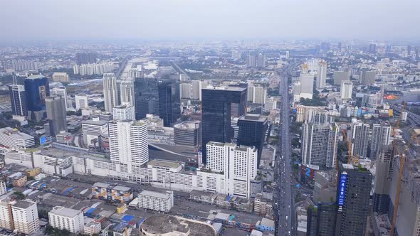 Aerial view of Rama 9 road, New CBD, Bangkok Downtown, Thailand.