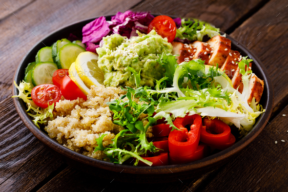 Buddha bowl dish with chicken fillet