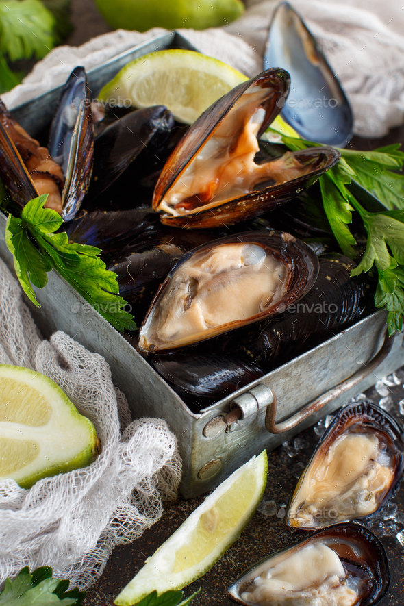 Fresh raw mussels Stock Photo by katrinshine PhotoDune