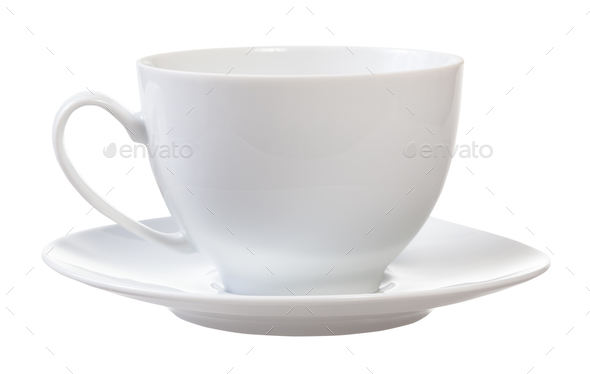 side view of white porcelain cup and saucer Stock Photo by vvoennyy