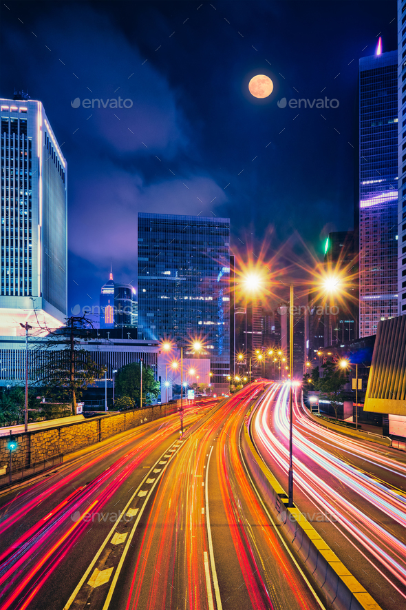 Street traffic in Hong Kong at night - Stock Photo - Images