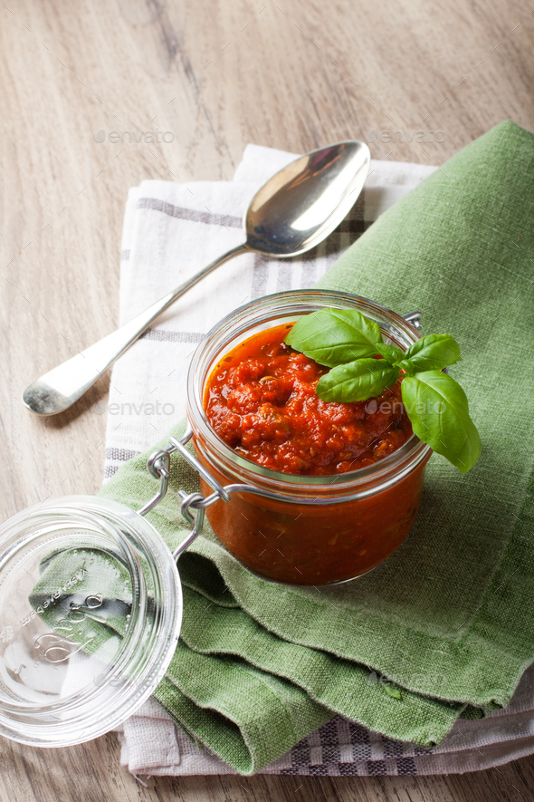 Glass jar with homemade tomato pasta sauce