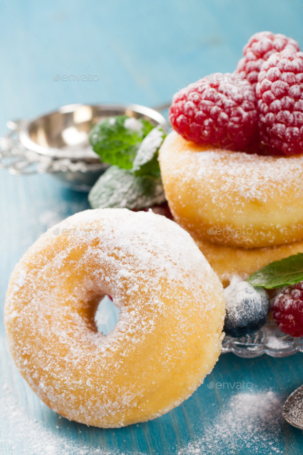 Morning breakfast with mini donuts and berries - Stock Photo - Images