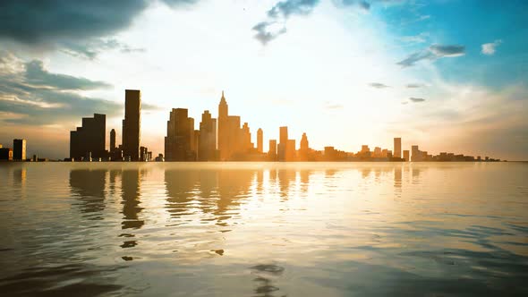 Skyline with Skyscrapers and Sea at Sunset alt