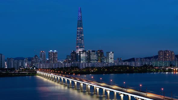 Seoul City Skyscraper Jamsil Railway Bridge Night Traffic