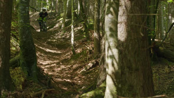 Mountain biker carves down a dusty gully and kicks up dust alt